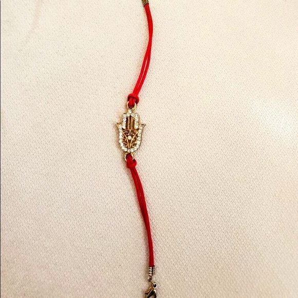 Gold Encrusted Hamsa Hand bracelet on Red - Picture 2 of 4